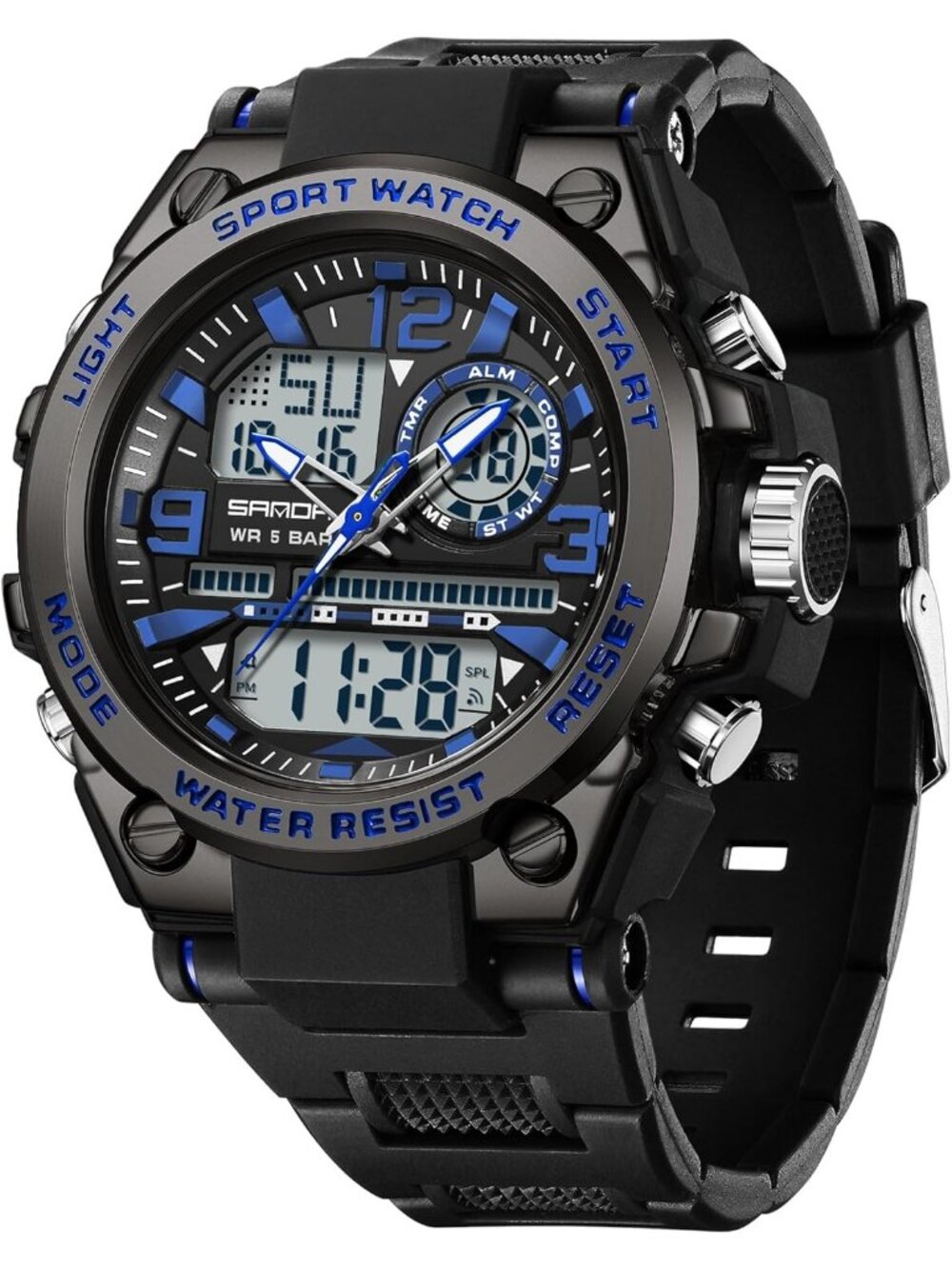 Men's Black And Blue Analog Quartz Sports Waterproof Military LED Digital Watch